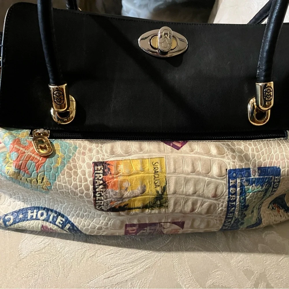 Marino Orlandi Cream and Black Travel-Stamp Satchel